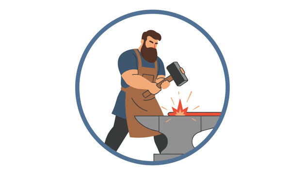 Strong blacksmith with beard and apron hammering a hot red metal piece on a steel anvil inside a round frame.