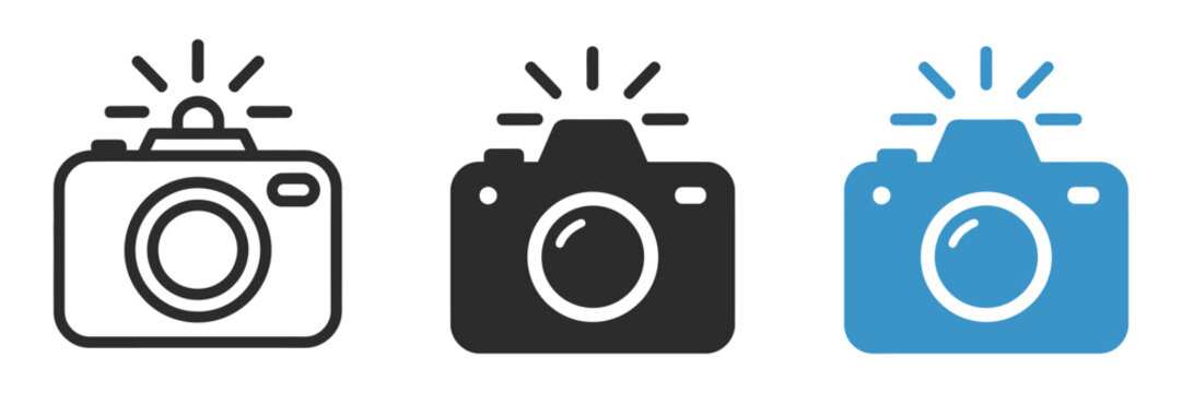 Camera icon set, take photo signs, photography flash symbols and phone picture icons, black and blue vector illustration