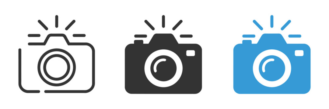 Camera icon set, take photo signs, photography flash symbols and phone picture icons, black and blue vector illustration