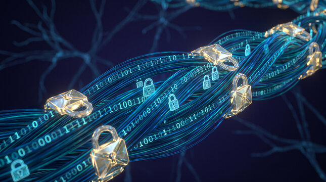Abstract digital data stream with glowing padlocks and binary code representing secure blockchain encryption technology.