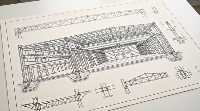 Architectural blueprint drawing showing a large industrial warehouse steel structure design with detailed structural engineering sketches and cross section diagrams printed on white paper sitting on a
