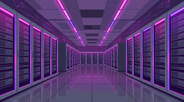 Futuristic server room interior with rows of data storage racks and glowing purple neon lights on the ceiling, representing cloud computing infrastructure, illustrating network connectivity