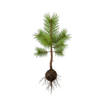 Young pine sapling with visible root ball on transparent background with system captured straight
