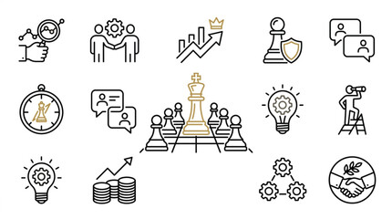 Business strategy and planning icons with chess pieces and growth charts. © kadal