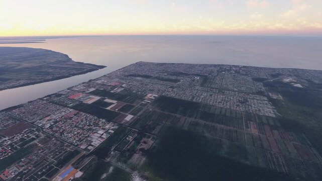 Sunset aerial drone view of Georgetown City. Guyana