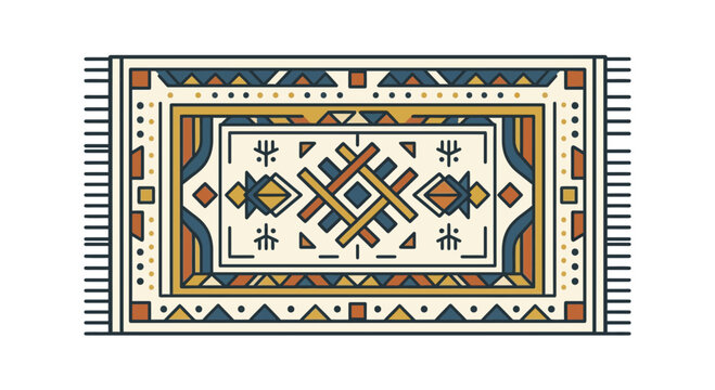 Colorful Oriental Rug with Geometric Patterns and Fringe - Flat Vector Illustration