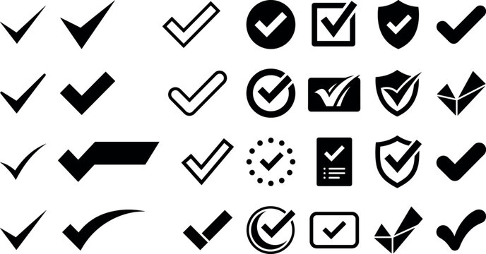 Check mark icon vector set featuring correct choice approval labels, true validation ticks, and black secure shield guarantee buttons on white background.