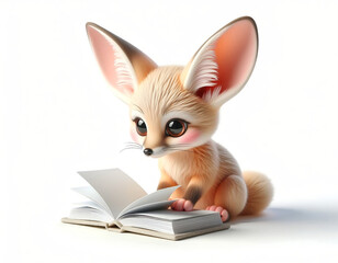 Cute fennec fox with large ears sitting and reading an open book on a clean white background, digital 3D style illustration of curiosity © eidel