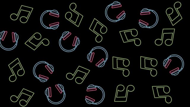 Colorful Neon Headphones and Musical Notes Pattern for Nightclub and DJ Playlist Concepts