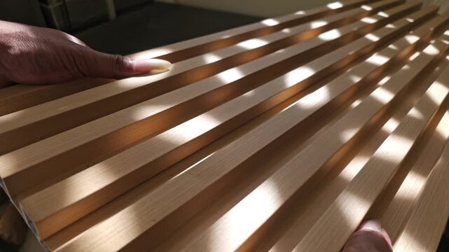 Hands joining two pieces of wood textured fluted wall panels together during home interior renovation or installation