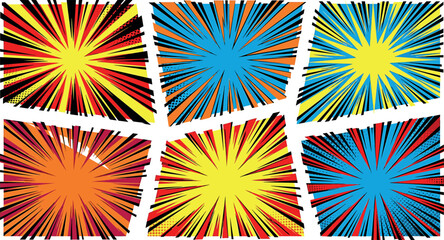 Comic book speed lines background vector set with retro pop art starburst rays, halftone blast textures, and bright superhero action frames. © AFSANA AKTER
