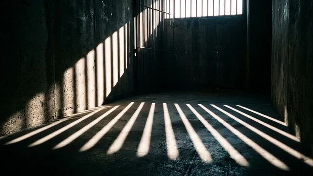 Bright light shines through metal bars into a dark room
