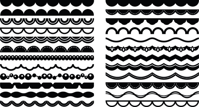 Decorative seamless scallop borders vector set with wave lines, dividers, lace trims, and abstract geometric frames on white background.