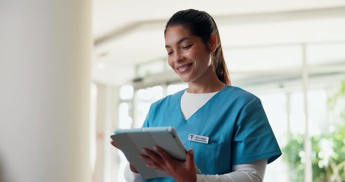 Hospital, happy and nurse on tablet for online report, schedule and research for medical service. Healthcare, clinic and person on digital tech for telehealth, website and wellness app for planning