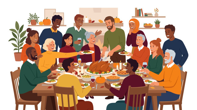Diverse Family Gathering for Thanksgiving Feast with Roasted Turkey and Autumn Decorations