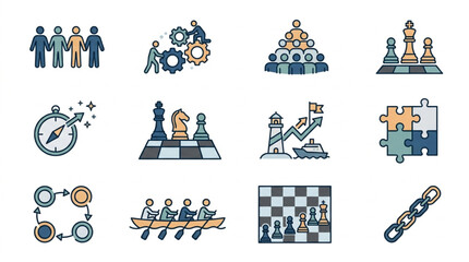 Naklejka premium Business Strategy and Teamwork Icons Set.