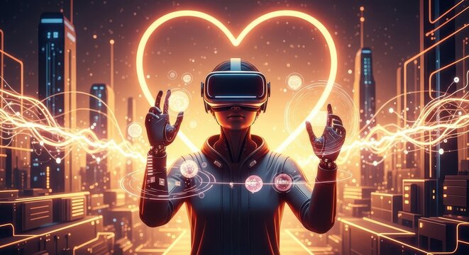 Futuristic person wearing VR headset interacting with glowing digital interface in neon cityscape with heart shape
