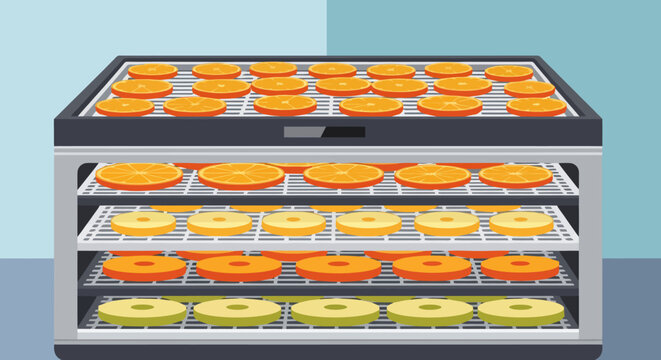 Electric food dehydrator drying sliced citrus fruit on trays in kitchen