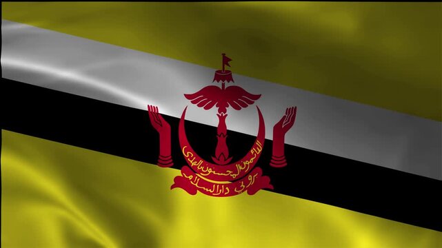 Brunei national flag waving with official coat of arms emblem
