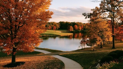 Obraz premium Scenic Autumn Landscape with Vibrant Orange and Yellow Trees Reflected in Calm Water Under a Beautiful Sky at Sunset in a Peaceful Natural Setting
