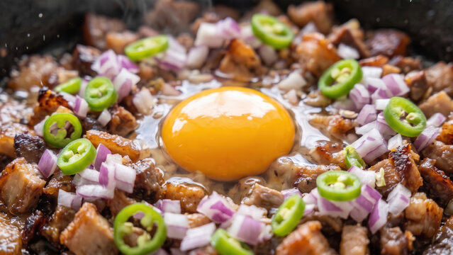 Famous Filipino dish. pork sisig hash with raw egg yolk and red chili pepper