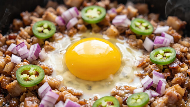 Sizzling Filipino dish. pork sisig hash with raw egg yolk and red chili pepper