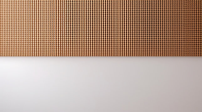 Detailed pattern of wooden beads on string forming textured vertical wall design.