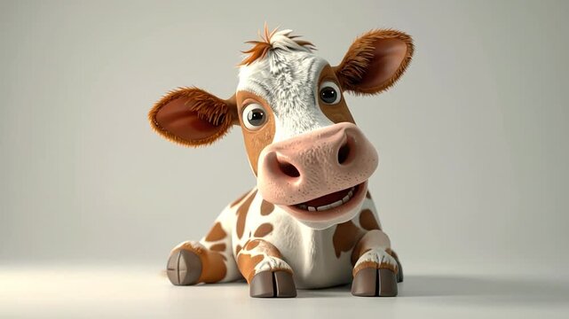 A cute cartoon cow sits happily against a plain white background