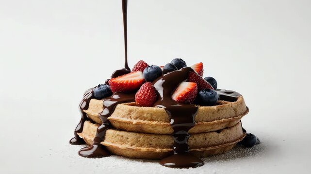 Chocolate sauce flowing slowly over two stacked Belgian waffles topped with fresh berries  dramatic side lighting  moody dark background  medium shot framing showing full stack  glossy chocolate drip
