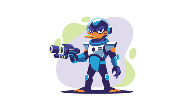 Sci-fi cartoon duck character dressed in a futuristic blue space suit holding a ray gun and standing confidently.
