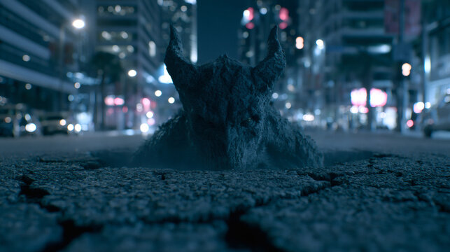 Demon rising from cracked asphalt in city. Supernatural creature emerging on urban street.