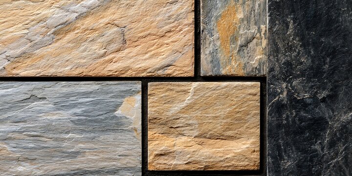 Rustic natural stone tile texture background with irregular patterns and earthy tones, ideal for flooring, wall cladding, or outdoor paving designs