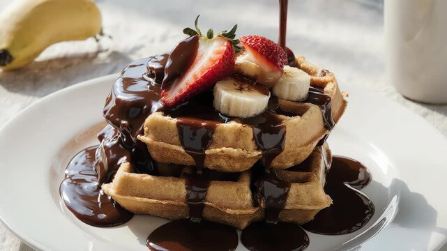 Chocolate sauce flowing slowly over two stacked Belgian waffles topped with fresh berries  dramatic side lighting  moody dark background  medium shot framing showing full stack  glossy chocolate drip