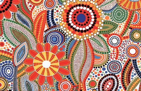 Vibrant aboriginal inspired dot painting artwork with colorful patterns