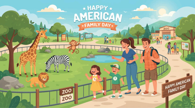 Family with two children visiting a zoo, observing animals such as giraffe, zebra, lion, and monkey in outdoor enclosures, with trees, pond, signage and blue sky in the background.