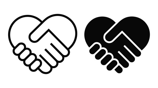 Teamwork handshake icon set, heart symbol with joined hands illustration, clean monochrome vector design for charity, collaboration, partnership and relationship concepts.