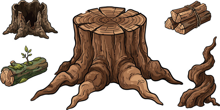 Set of detailed hand-drawn style wood elements, including a large tree stump, a hollow stump, a fallen mossy log with a sprout, a twisted piece of driftwood, and a tied stack of firewood.