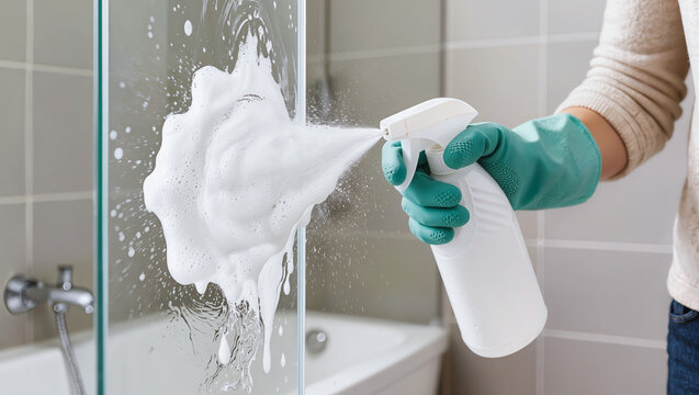 Cleaning glass shower enclosure with foam detergent spray. Concept of bathroom maintenance, daily hygiene, removing limescale, and professional household sanitization routine