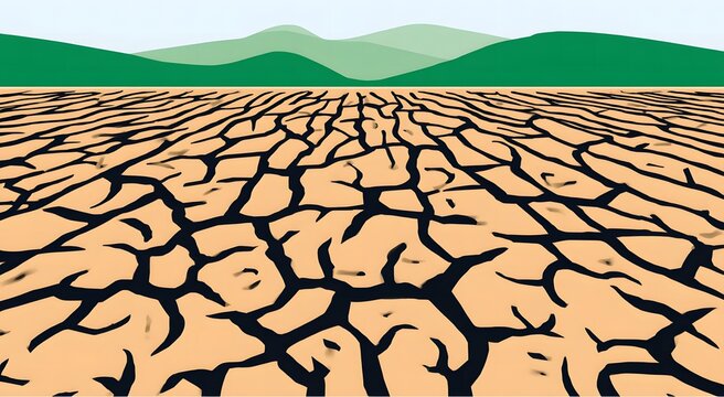 Cracked earth landscape with green hills vector illustration