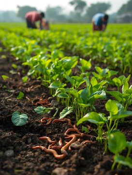 Earthworms among young green plants in cultivated soil agricultural photo