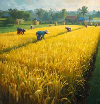 Rice paddy field with farmers harvesting impressionistic painting style