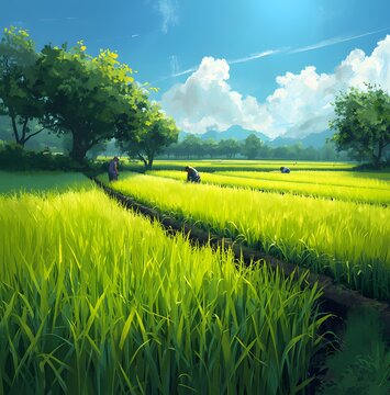 Rice paddy field with farmers working digital painting style landscape