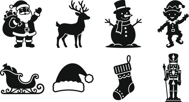 Christmas silhouette icons with Santa Claus, reindeer, snowman, elf, sleigh, Santa hat, stocking, and nutcracker