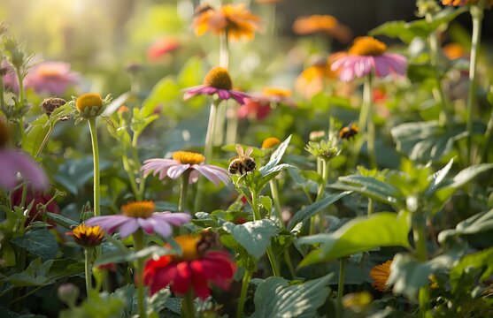 Zinnia Flowers And Honeybees In A Garden Shallow Depth Of Field