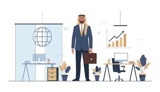 Middle Eastern businessman in professional attire holding a briefcase and standing in a modern corporate office interior.