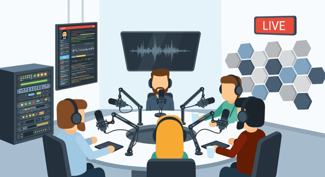 Podcast Studio Recording Session with Five People and Live Broadcast