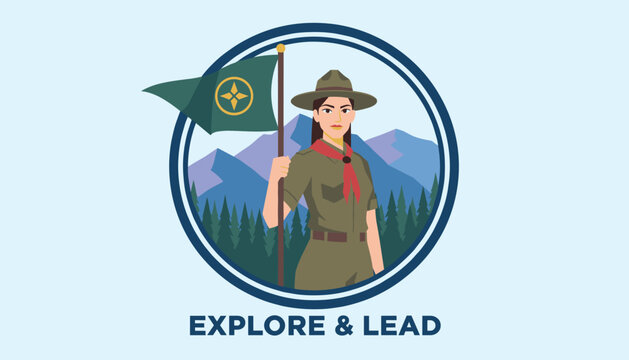 Female park ranger or scout leader holding a flag in a circular frame with beautiful forest and mountain landscape background.