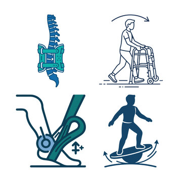 Healthcare Icone Set Medical rehabilitation icons showing spine support walking aid knee brace and balance training isolated on white background, Vector
