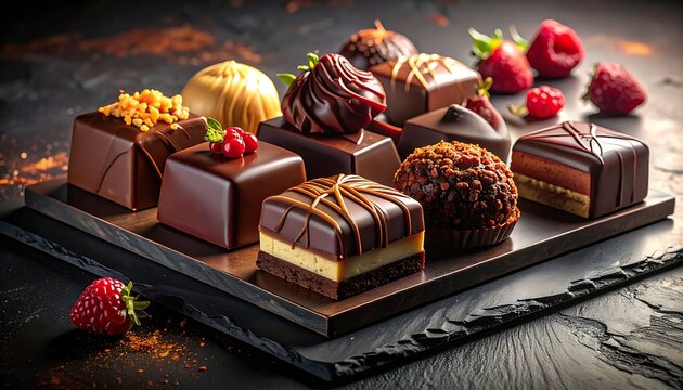Assorted chocolate desserts with fresh raspberries.