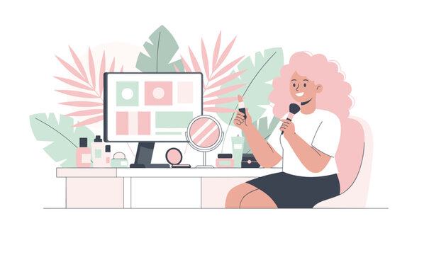 Creative beauty blogger with pink hair recording a makeup tutorial at her desk with a computer and cosmetics products.